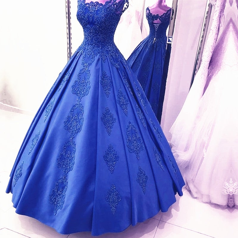 Lovely Lace Appliques Cap Sleeves Ball Gown Prom Dresses Floor Length