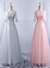 Lovely Tulle Round Neckline A-line Party Dress with Lace Applique Short Sleeves Long Bridesmaid Dress Prom Dress