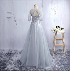 Lovely Tulle Round Neckline A-line Party Dress with Lace Applique Short Sleeves Long Bridesmaid Dress Prom Dress