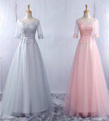 Lovely Tulle Round Neckline A-line Party Dress with Lace Applique Short Sleeves Long Bridesmaid Dress Prom Dress