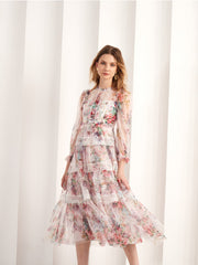 3/4 Length Sleeves Floral Printed Tulle with Lace Trims Tea-Length Prom Dresses