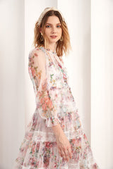 3/4 Length Sleeves Floral Printed Tulle with Lace Trims Tea-Length Prom Dresses