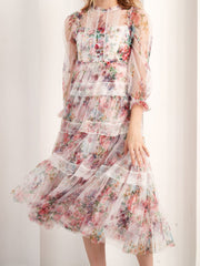 3/4 Length Sleeves Floral Printed Tulle with Lace Trims Tea-Length Prom Dresses