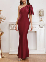 Wine red one shoulder lotus leaf edge fish tail long gown evening dresses