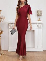 Wine red one shoulder lotus leaf edge fish tail long gown evening dresses