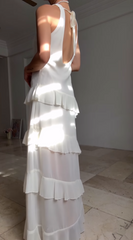 Casual V Neck Chiffon Ruffle Prom Dress Backless Long Formal Dresses