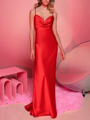 Tight fitting/straight V-neck sleeveless ruffled floor mop evening dress