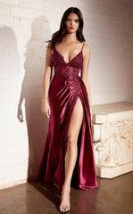 32819 - Spaghetti Straps V-Neck Appliques Side Slit Empire-Waist Prom Evening Formal Dress