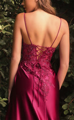 32819 - Spaghetti Straps V-Neck Appliques Side Slit Empire-Waist Prom Evening Formal Dress