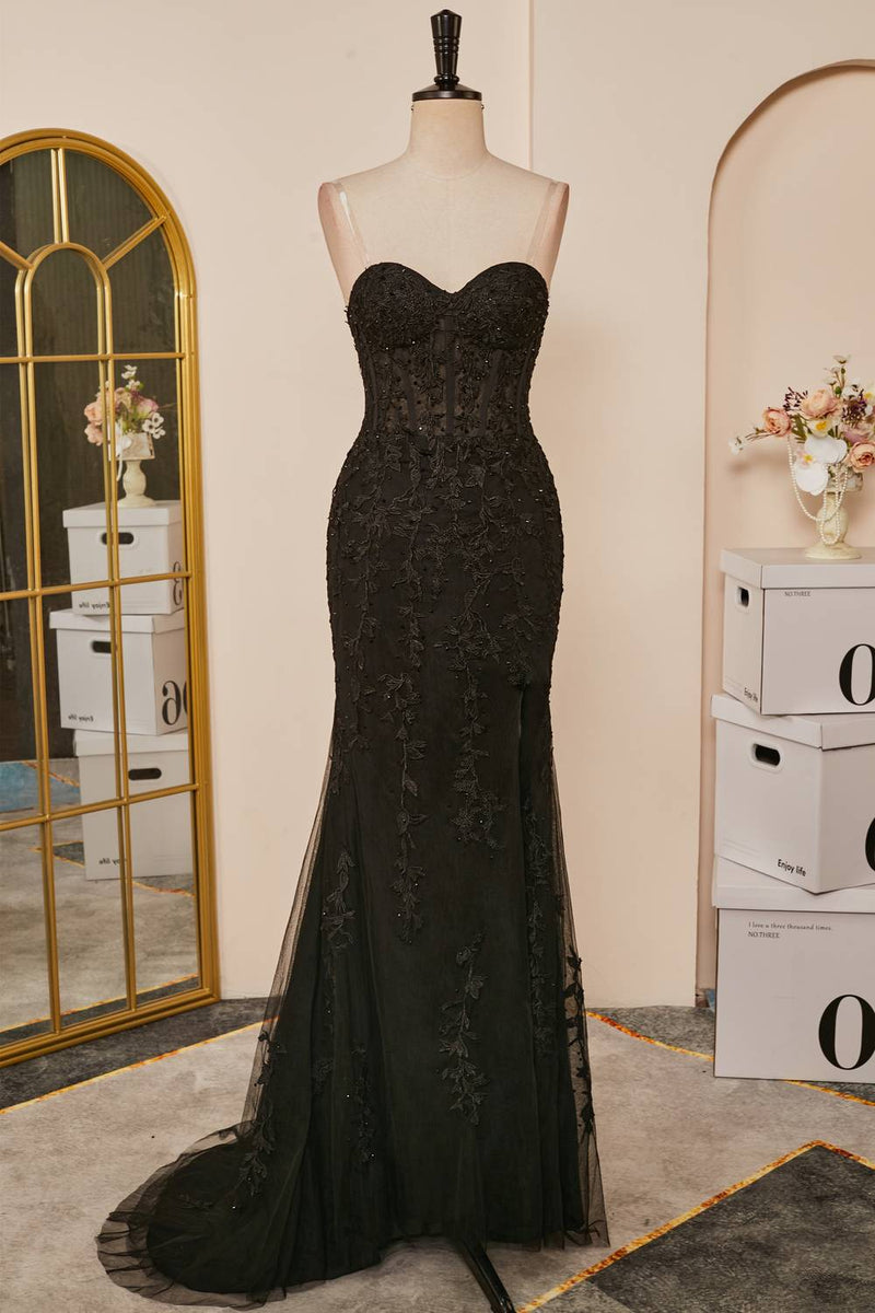 2024 Mermaid Black Prom Dress Sweetheart Appliques Slit Long Evening Dress