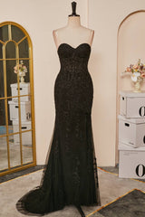 2024 Mermaid Black Prom Dress Sweetheart Appliques Slit Long Evening Dress