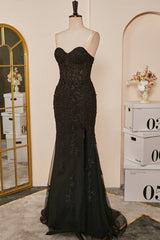 2024 Mermaid Black Prom Dress Sweetheart Appliques Slit Long Evening Dress