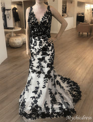 2024 Mermaid Black White Wedding Dresses Lace Long Prom Dresses