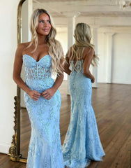 Lilac Mermaid Corset Back Long Prom Dress With Appliques Charming Evening Dress