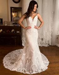 Aimishang Wedding Dress Mermaid V-Neck Court Train Lace Spaghetti Straps