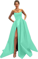 Womens Long Strapless Satin Prom Dress Sleeveless Slit Evening Ball Gown Off Shoulder Party Dress Wholesale
