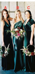 Green Mermaid Sleeveless Mismatched Long Velvet Bridesmaid Dresses
