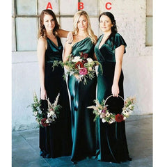 Green Mermaid Sleeveless Mismatched Long Velvet Bridesmaid Dresses