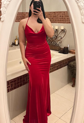 Sexy Spaghetti Straps Red Velvet Evening Dress Mermaid Prom Dresses