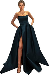 Womens Long Strapless Satin Prom Dress Sleeveless Slit Evening Ball Gown Off Shoulder Party Dress Wholesale