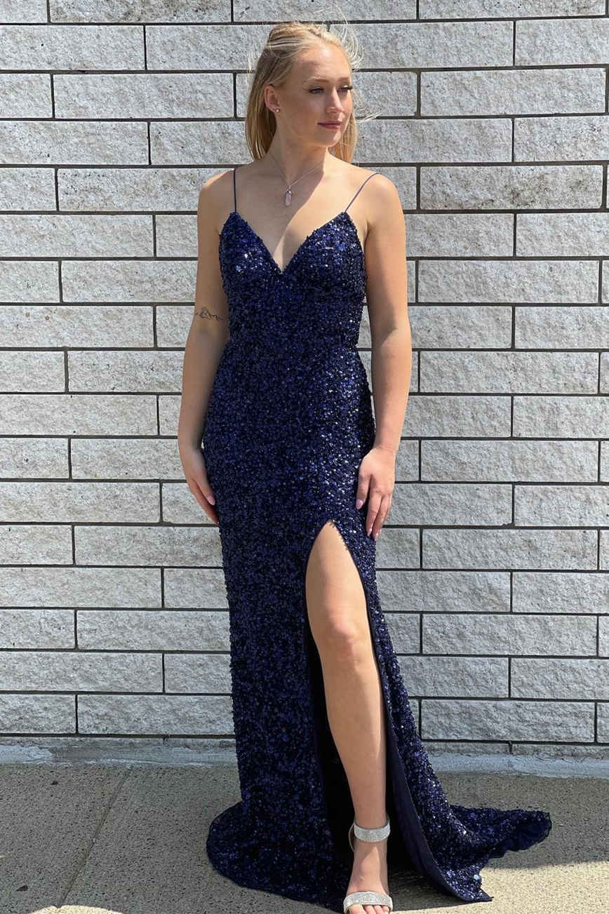 2024 Navy Blue Sequined Prom Dress Long Evening Dress UK V-Neck Straps Slit