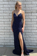 2024 Navy Blue Sequined Prom Dress Long Evening Dress UK V-Neck Straps Slit