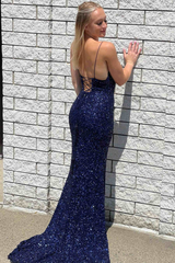 2024 Navy Blue Sequined Prom Dress Long Evening Dress UK V-Neck Straps Slit