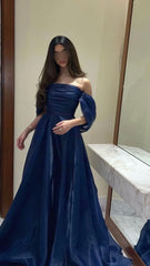 Navy Blue Strapless Organza Prom Dress, A-Line Evening Party Dress,AST1718
