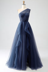 A-Line One-Shoulder Long Tulle Prom Dress Floor Length Beautiful