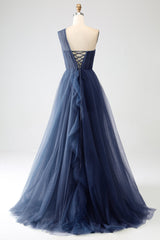 A-Line One-Shoulder Long Tulle Prom Dress Floor Length Beautiful