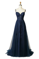 A Line Thin Shoulder Strap Open Back Navy Blue Applique Prom Dress