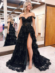 2024 New Blue Long Tiered Prom Dresses Lace Sequin Off the Shoulder