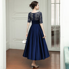 Navy Blue Tea Length Satin Short Sleeves Party Dress, Blue Wedding Party Dresses