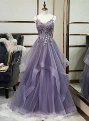 Purple Tulle Layers Long Formal Gown Lace Applique Party Dress A Line Floor Length Prom Dress