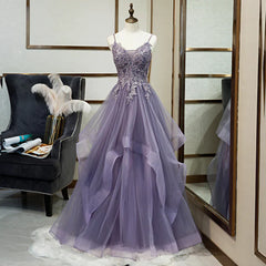 Purple Tulle Layers Long Formal Gown Lace Applique Party Dress A Line Floor Length Prom Dress