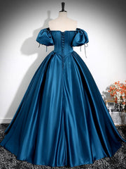A-Line Puff Sleeves Satin Peacock Blue Long Prom Dress, Blue Long Formal Dress