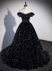 Black Sequins Off Shoulder Beaded Party Dress A-line Black Formal Dress Sparkly Evening Dress Wholesale