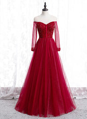 Wine Red Long Sleeves Beaded Tulle Evening Gown A-line Long Prom Dress Wholesale