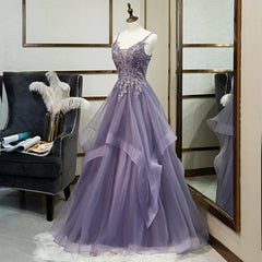 Purple Tulle Layers Long Formal Gown Lace Applique Party Dress A Line Floor Length Prom Dress