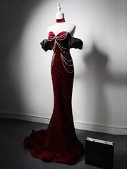 Mermaid Sweetheart Neck Velvet Burgundy Long Prom Dress, Burgundy Long Evening Dress