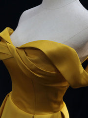 Simple Off Shoulder Satin Yellow Long Prom Dress, Yellow Long Formal Dress