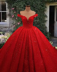 2024 Off Shoulder Glitter Ball Gown Wedding Dresses Red Sequin Bridal Wear