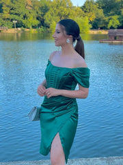 Green Satin Short Prom Dresses, Semi Formal Dress with Slit