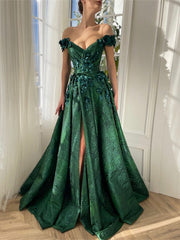A-Line/Princess Off-The-Shoulder Sleeveless Floor-Length Long Prom Floral Dresses Whit Split Side Appliques Sexy