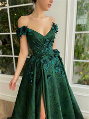 A-Line/Princess Off-The-Shoulder Sleeveless Floor-Length Long Prom Floral Dresses Whit Split Side Appliques Sexy