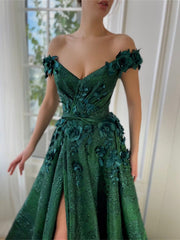 A-Line/Princess Off-The-Shoulder Sleeveless Floor-Length Long Prom Floral Dresses Whit Split Side Appliques Sexy