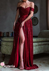 Off The Shoulder Burgundy Sequin Long Slit Prom Dress,AST925
