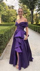 Off The Shoulder Purple Evening Dress, Pleated Formal Prom Dress,AST1712