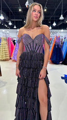 Off The Shoulder Sequin Evening Dress, Ruffles Formal Prom Gown, AST1547