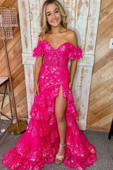 Red Sequin Tiered Mermaid Long Dress Slit Prom Dresses